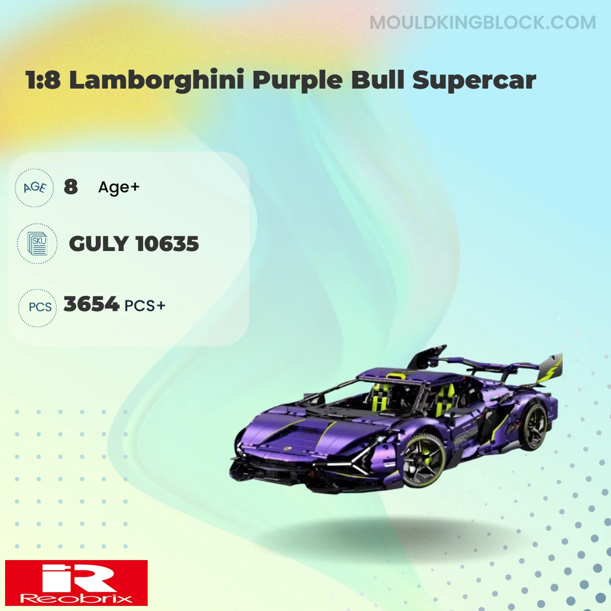 REOBRIX 10635 1:8 Lamborghini Purple Bull Supercar Building Block